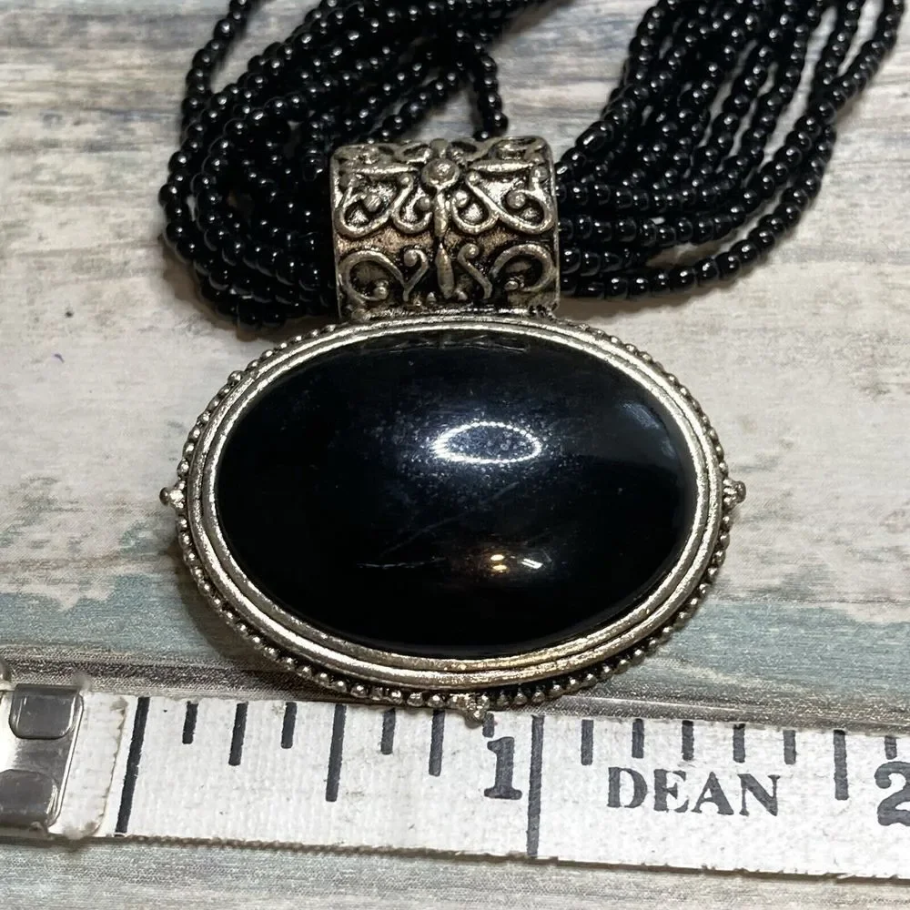 Black Multi-Strand Seed Bead Necklace Pendant ‎ 15